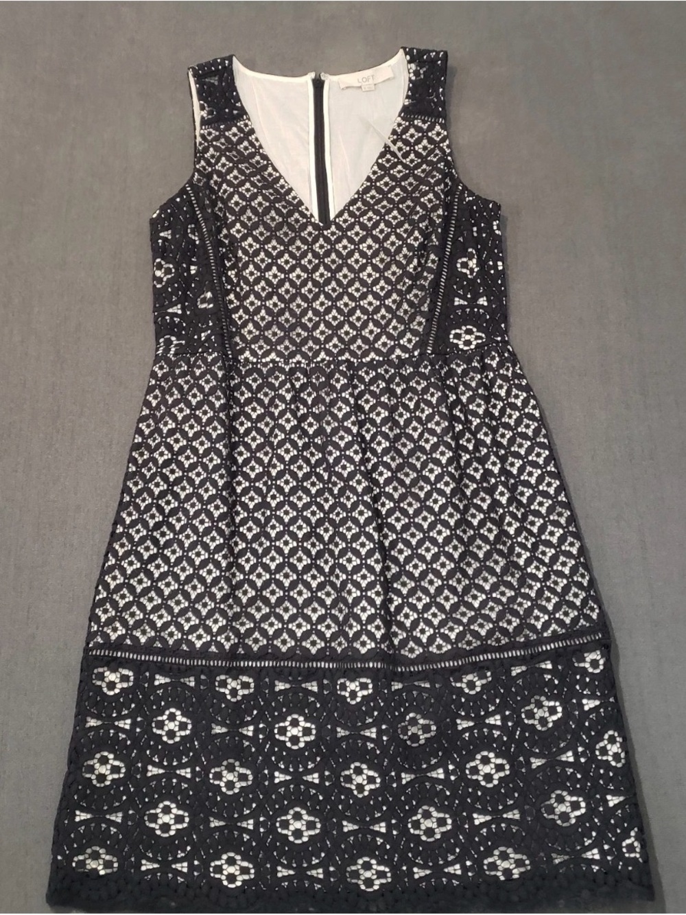 LOFT Black and White Sleeveless Lace-Overlay Midi Dress